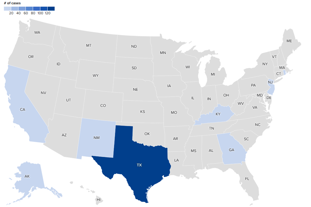 Map of measles outbreaks in the United States in 2025. Most of the 164 cases recorded in January and February were in Texas, but other states are also vulnerable. From CBS News; data from US CDC